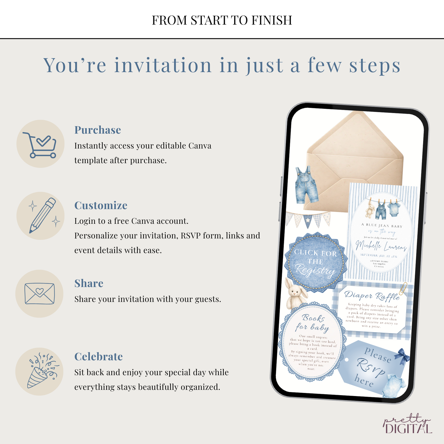 Blue Jean Baby Shower Invitation - Striped Digital Invite