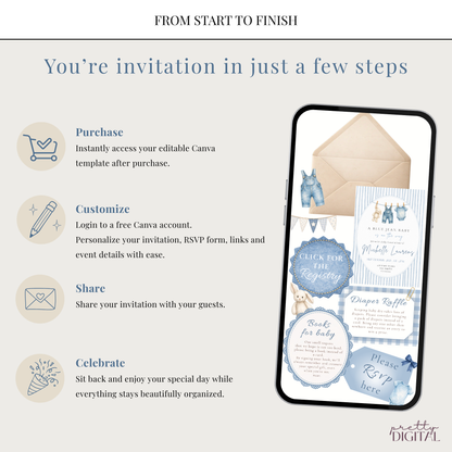 Blue Jean Baby Shower Invitation - Striped Digital Invite