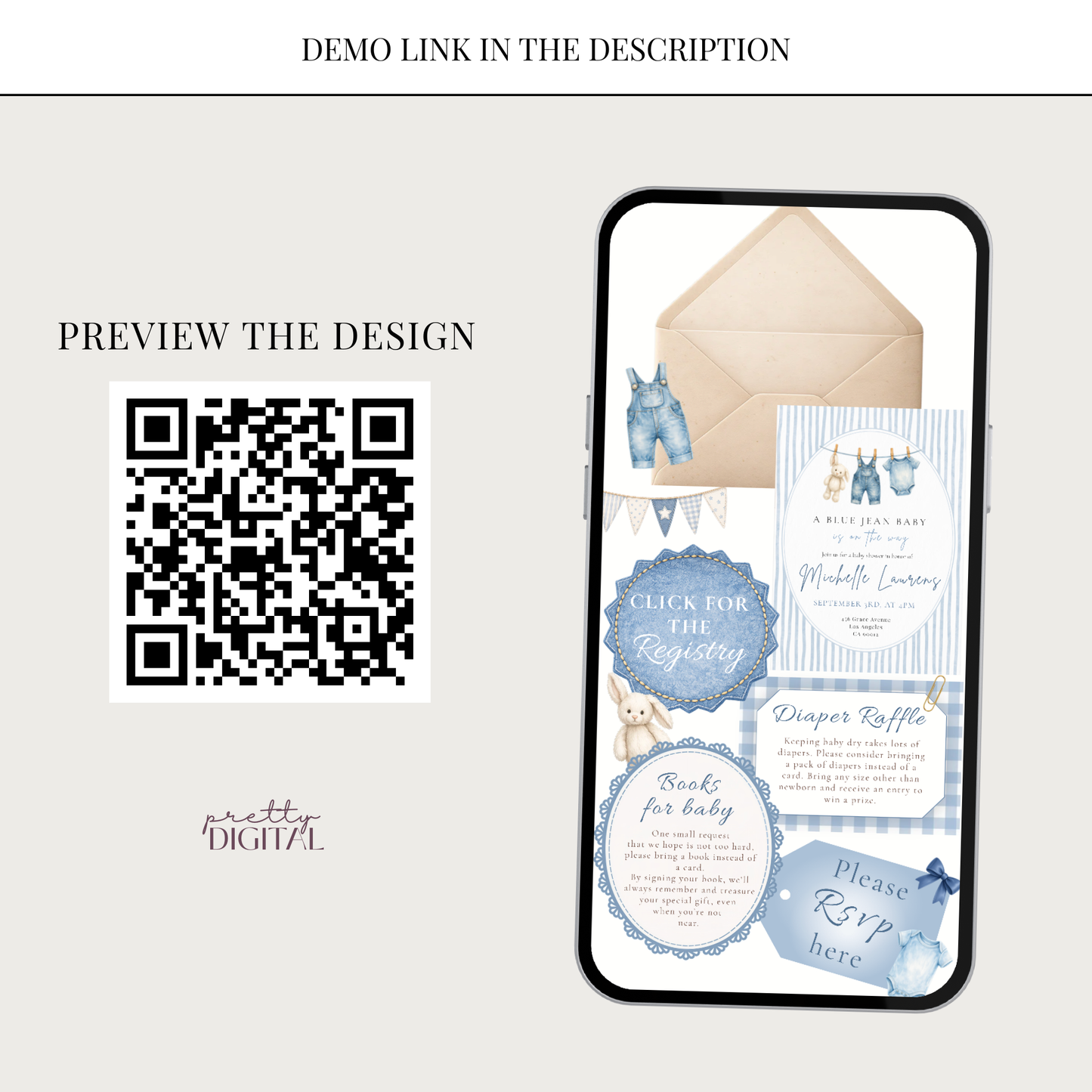 Blue Jean Baby Shower Invitation - Striped Digital Invite