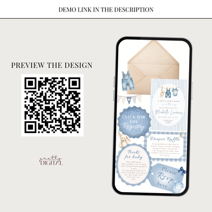 Blue Jean Baby Shower Invitation - Striped Digital Invite