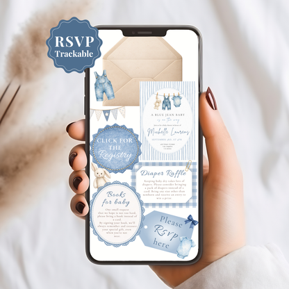 Blue Jean Baby Shower Invitation - Striped Digital Invite