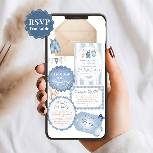 Blue Jean Baby Shower Invitation - Striped Digital Invite