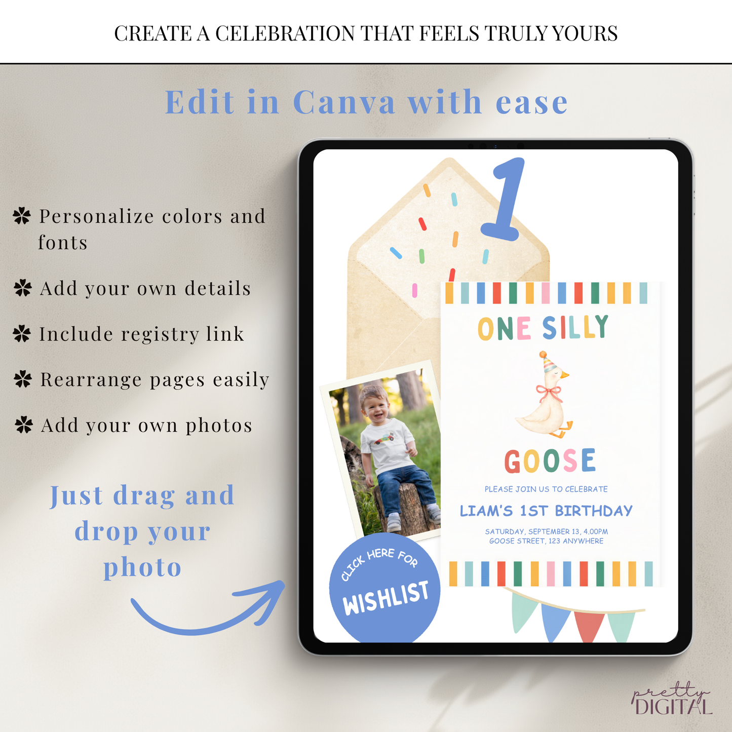 One Silly Goose First Birthday Invitation - Colorful Striped Digital Invite