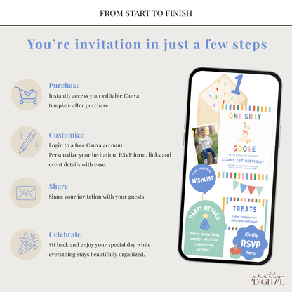 One Silly Goose First Birthday Invitation - Colorful Striped Digital Invite