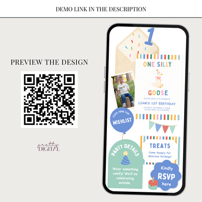 One Silly Goose First Birthday Invitation - Colorful Striped Digital Invite