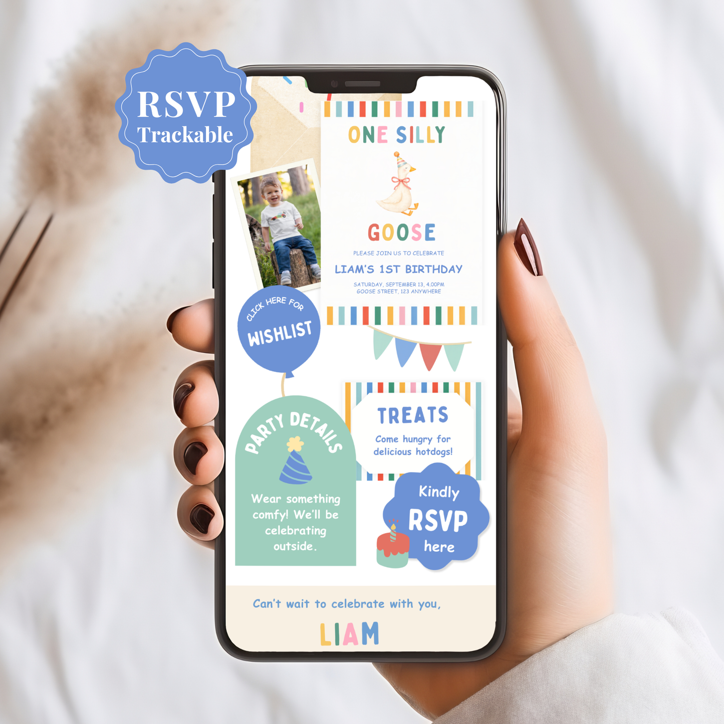 One Silly Goose First Birthday Invitation - Colorful Striped Digital Invite