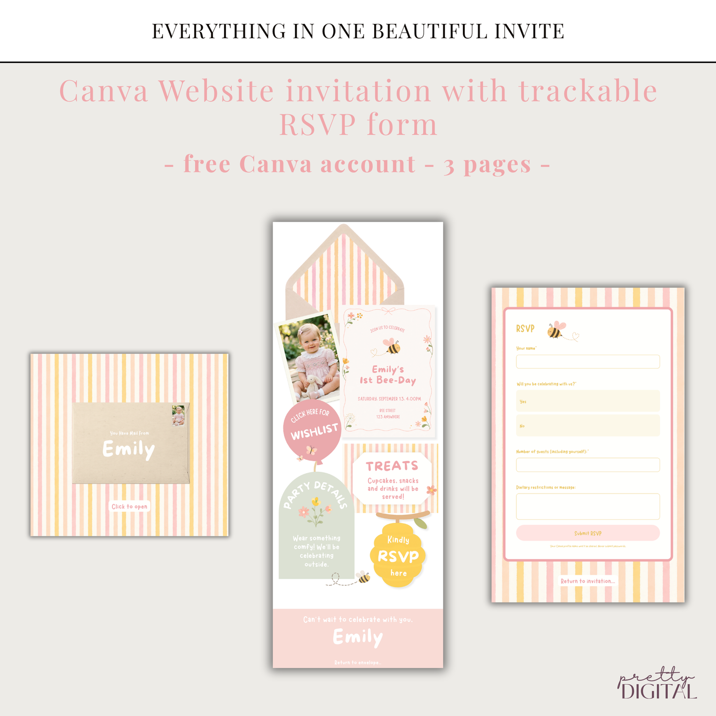First Bee-Day First Birthday Invitation - Digital Invite