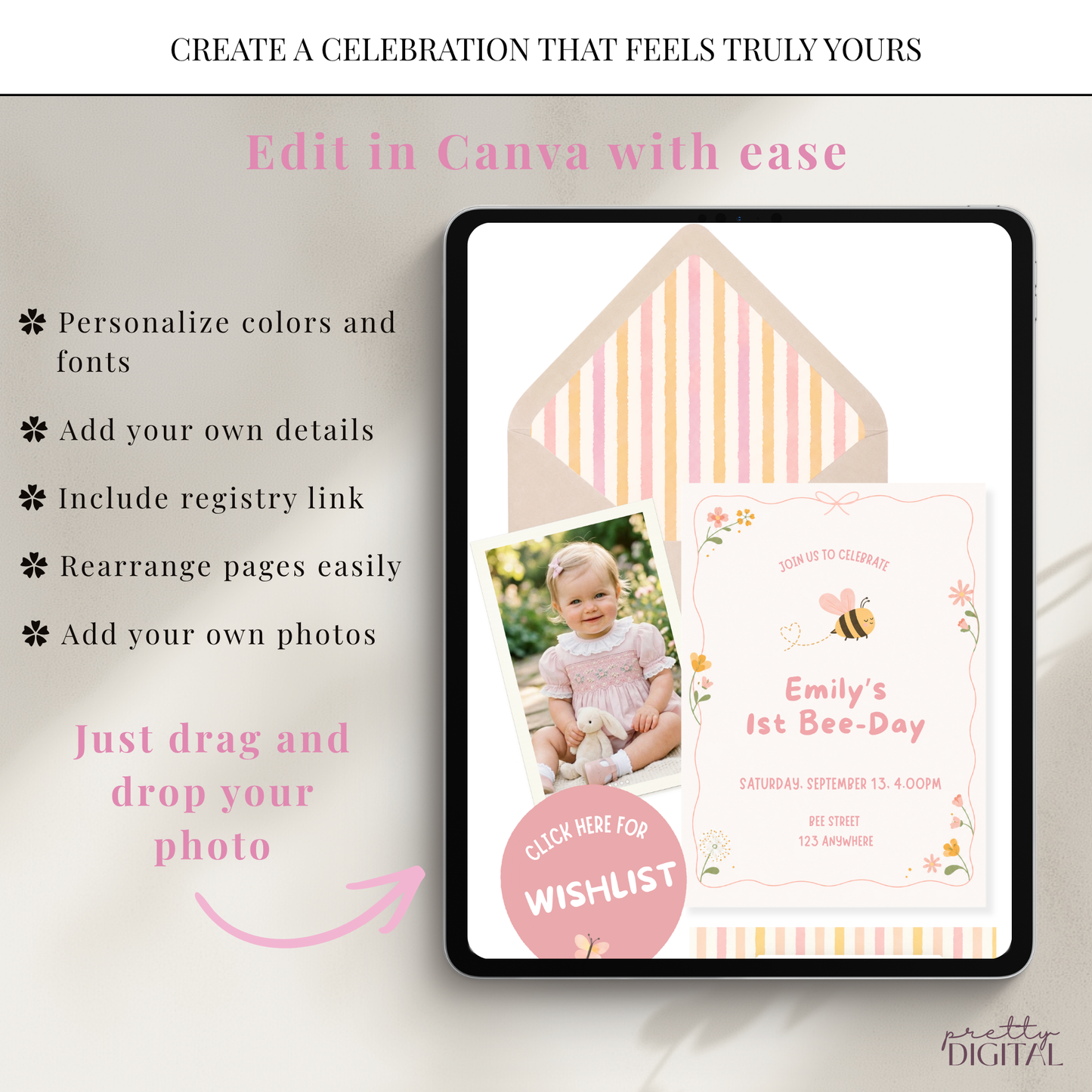 First Bee-Day First Birthday Invitation - Digital Invite