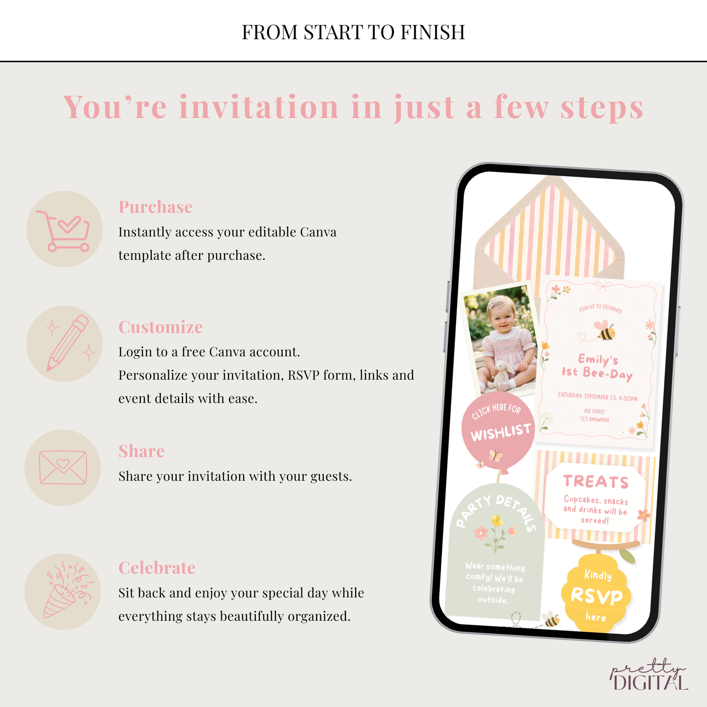 First Bee-Day First Birthday Invitation - Digital Invite