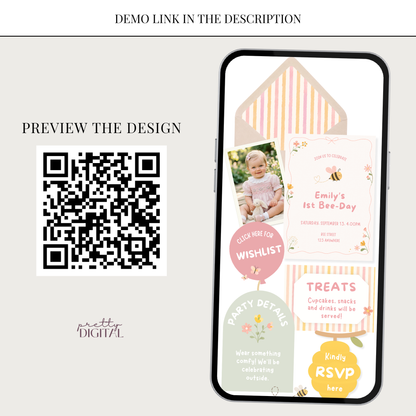 First Bee-Day First Birthday Invitation - Digital Invite