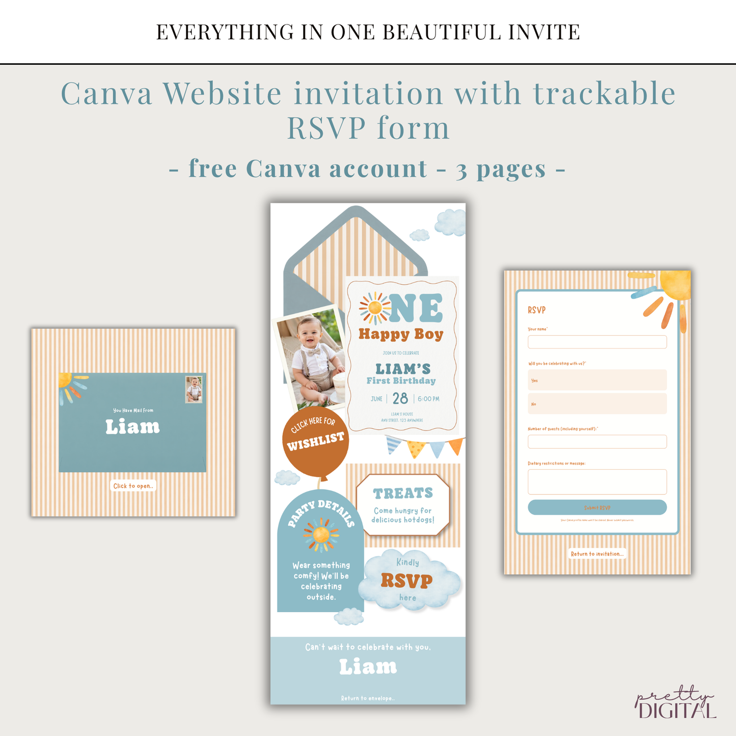 One Happy Boy First Birthday Invitation - Digital Invite