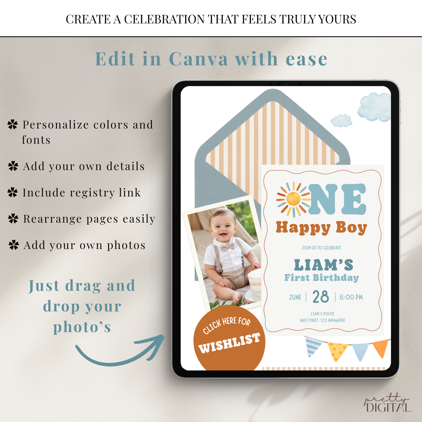 One Happy Boy First Birthday Invitation - Digital Invite