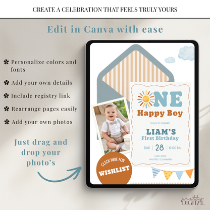 One Happy Boy First Birthday Invitation - Digital Invite