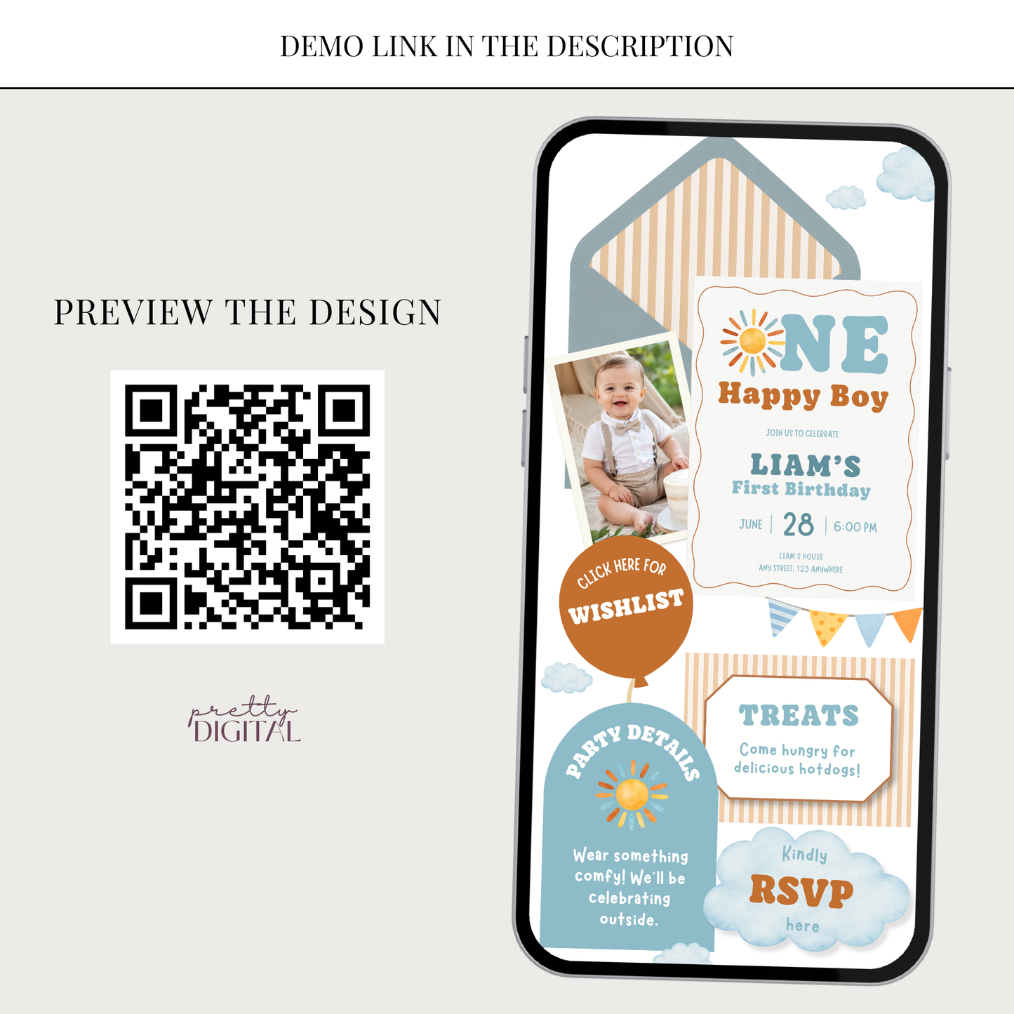 One Happy Boy First Birthday Invitation - Digital Invite