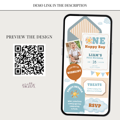 One Happy Boy First Birthday Invitation - Digital Invite