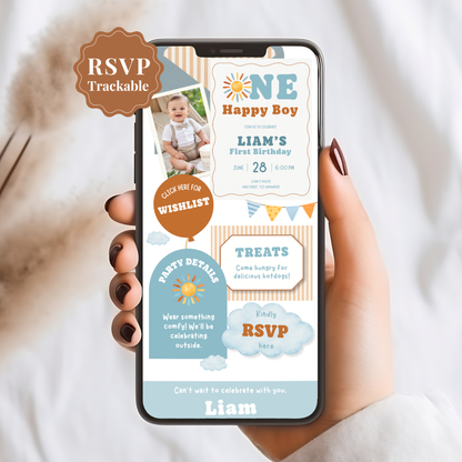 One Happy Boy First Birthday Invitation - Digital Invite