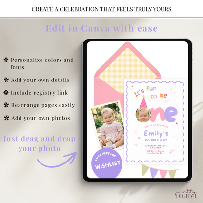 Fun to be One First Birthday Invitation - Pink Digital Invite