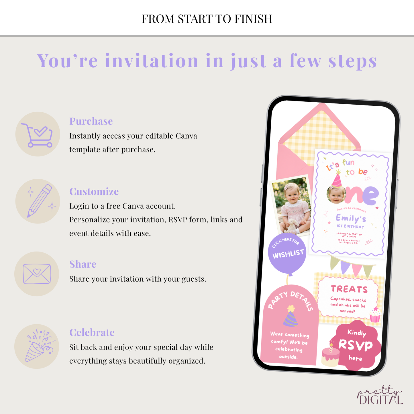 Fun to be One First Birthday Invitation - Pink Digital Invite