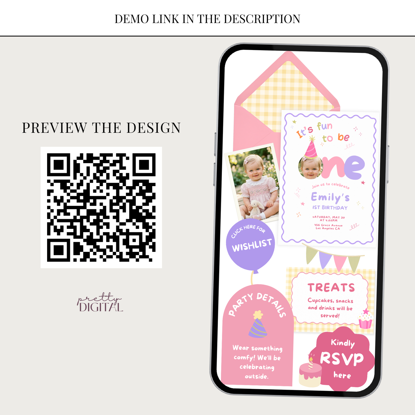 Fun to be One First Birthday Invitation - Pink Digital Invite
