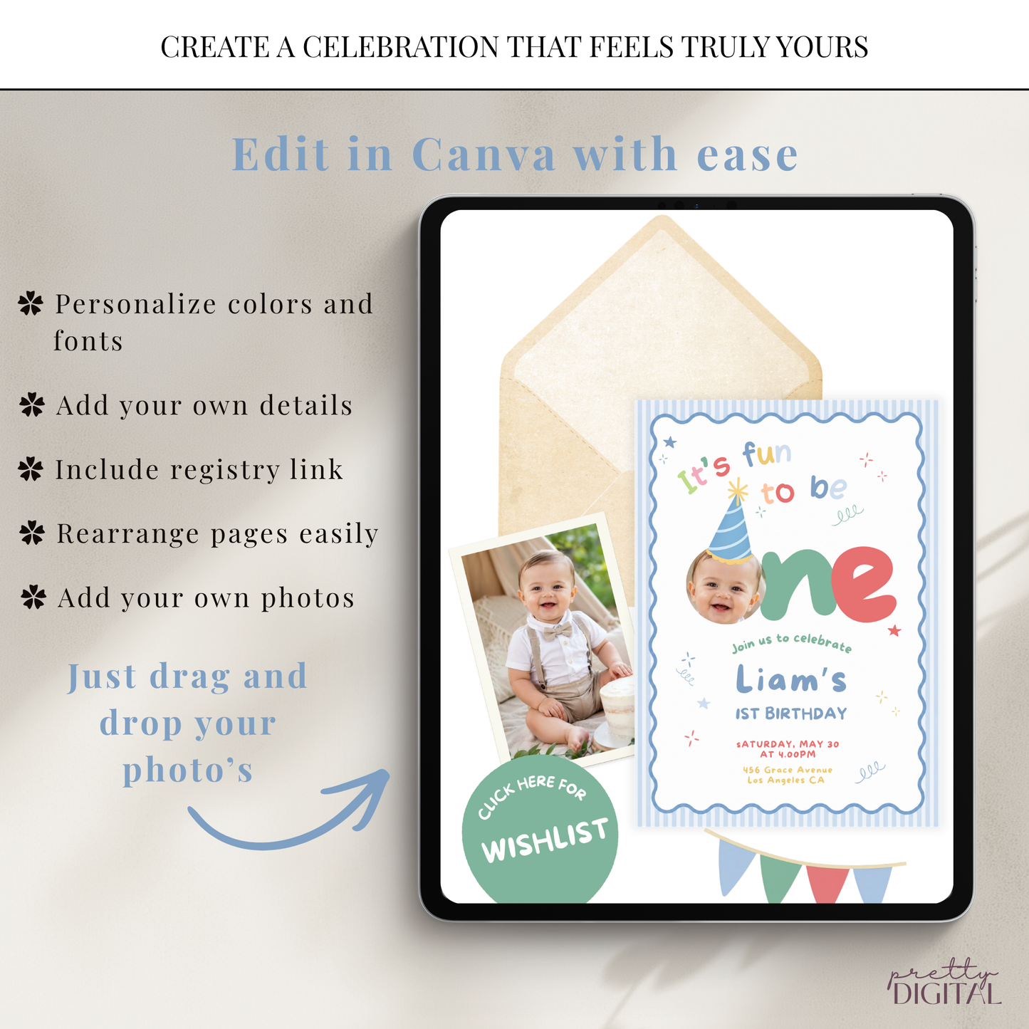 Fun to be One First Birthday Invitation - Striped Digital Invite