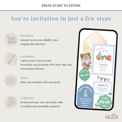 Fun to be One First Birthday Invitation - Striped Digital Invite