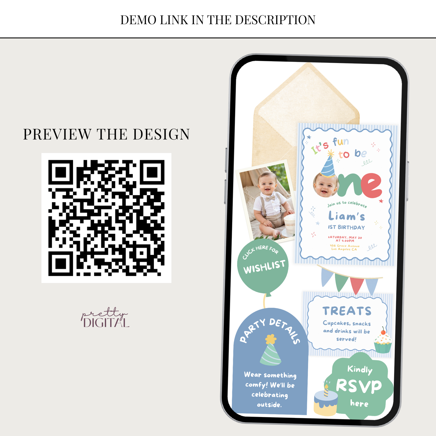 Fun to be One First Birthday Invitation - Striped Digital Invite