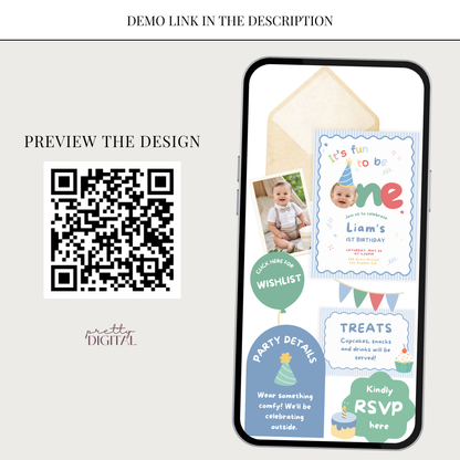 Fun to be One First Birthday Invitation - Striped Digital Invite