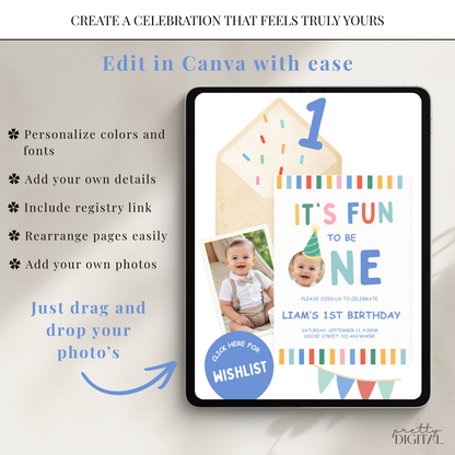Fun to be One First Birthday Invitation - Blue Digital Invite