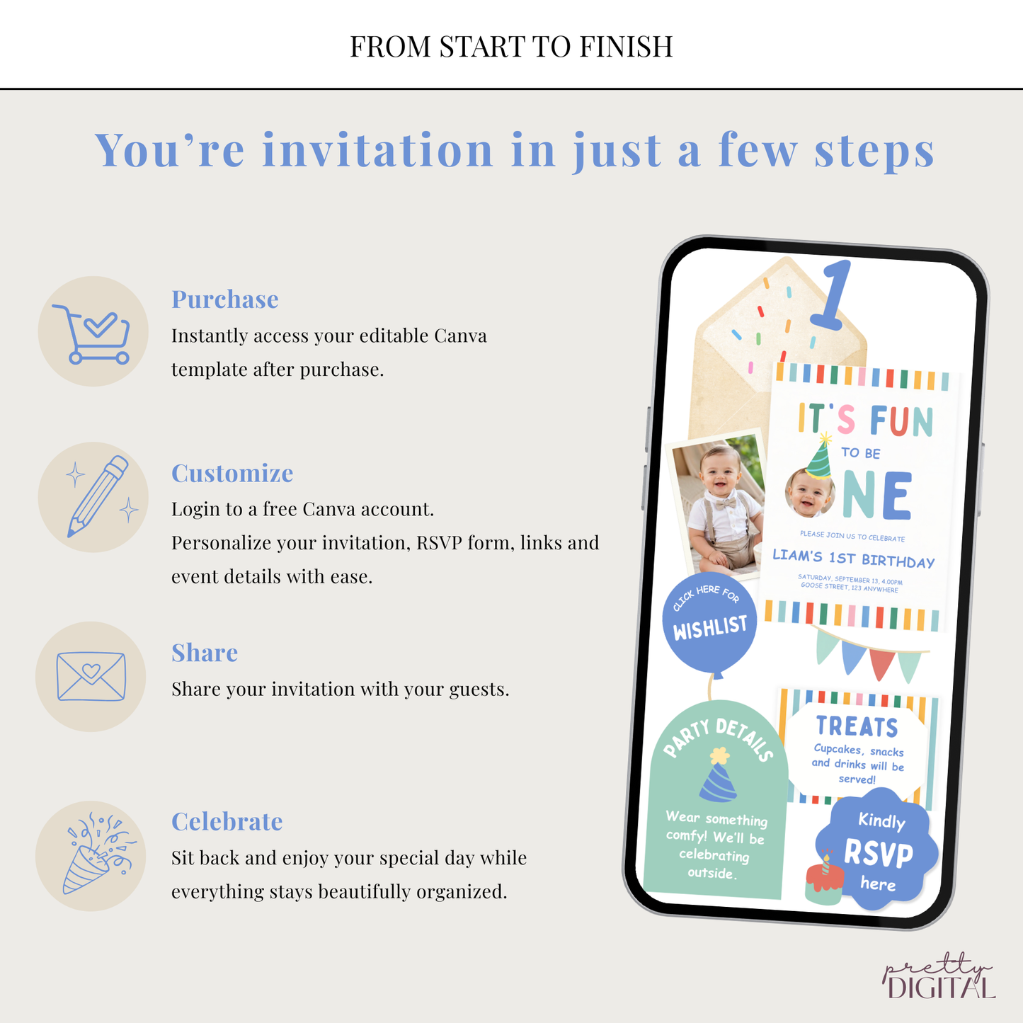 Fun to be One First Birthday Invitation - Blue Digital Invite