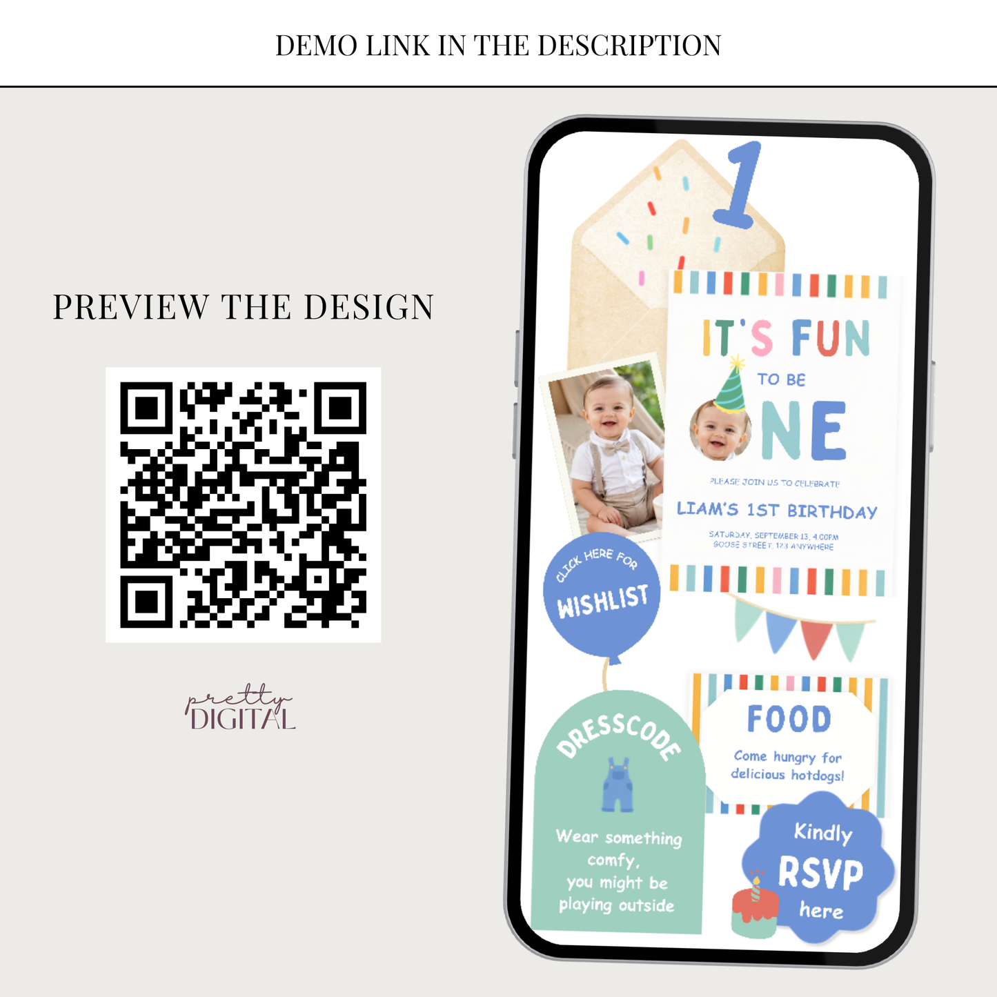 Fun to be One First Birthday Invitation - Blue Digital Invite