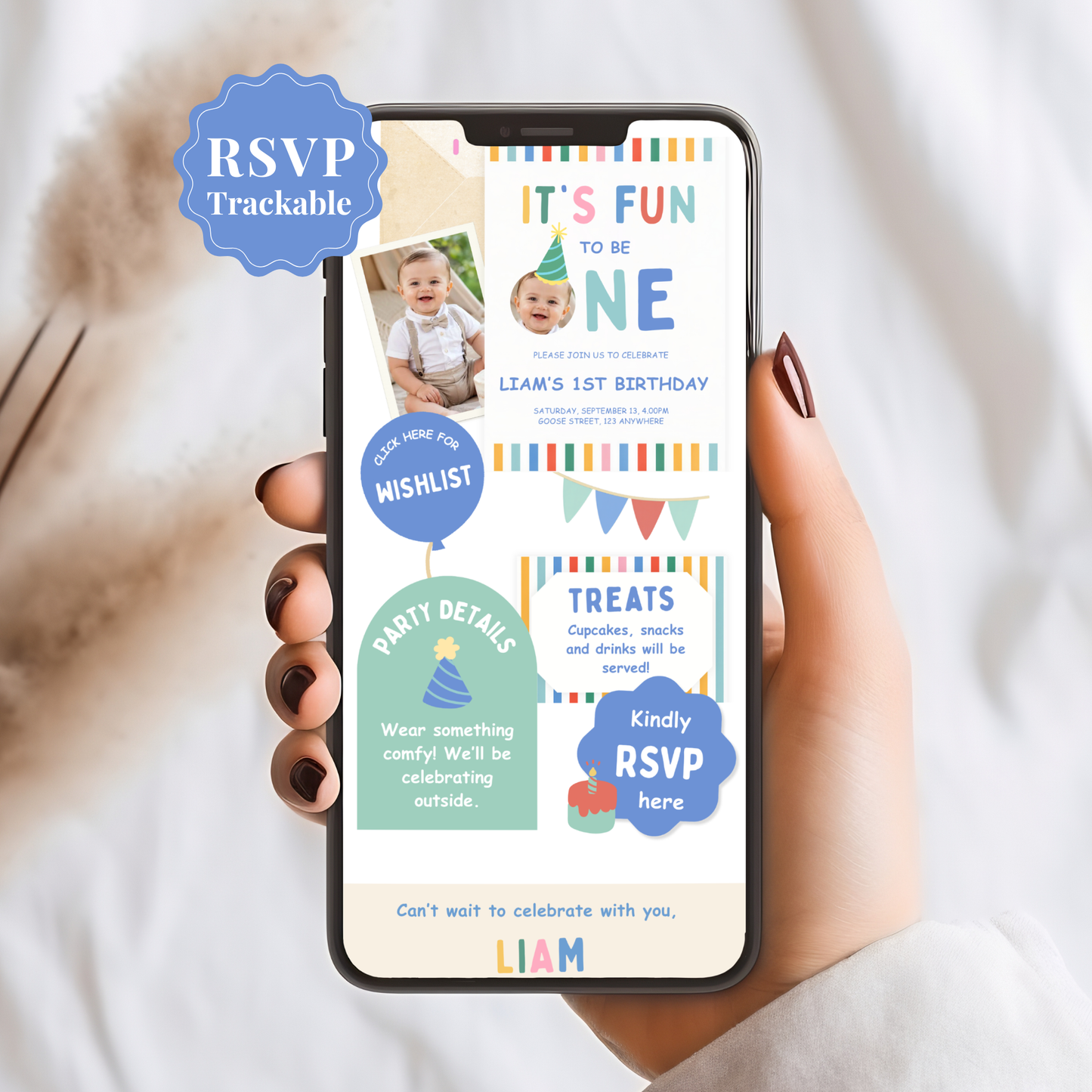 Fun to be One First Birthday Invitation - Blue Digital Invite