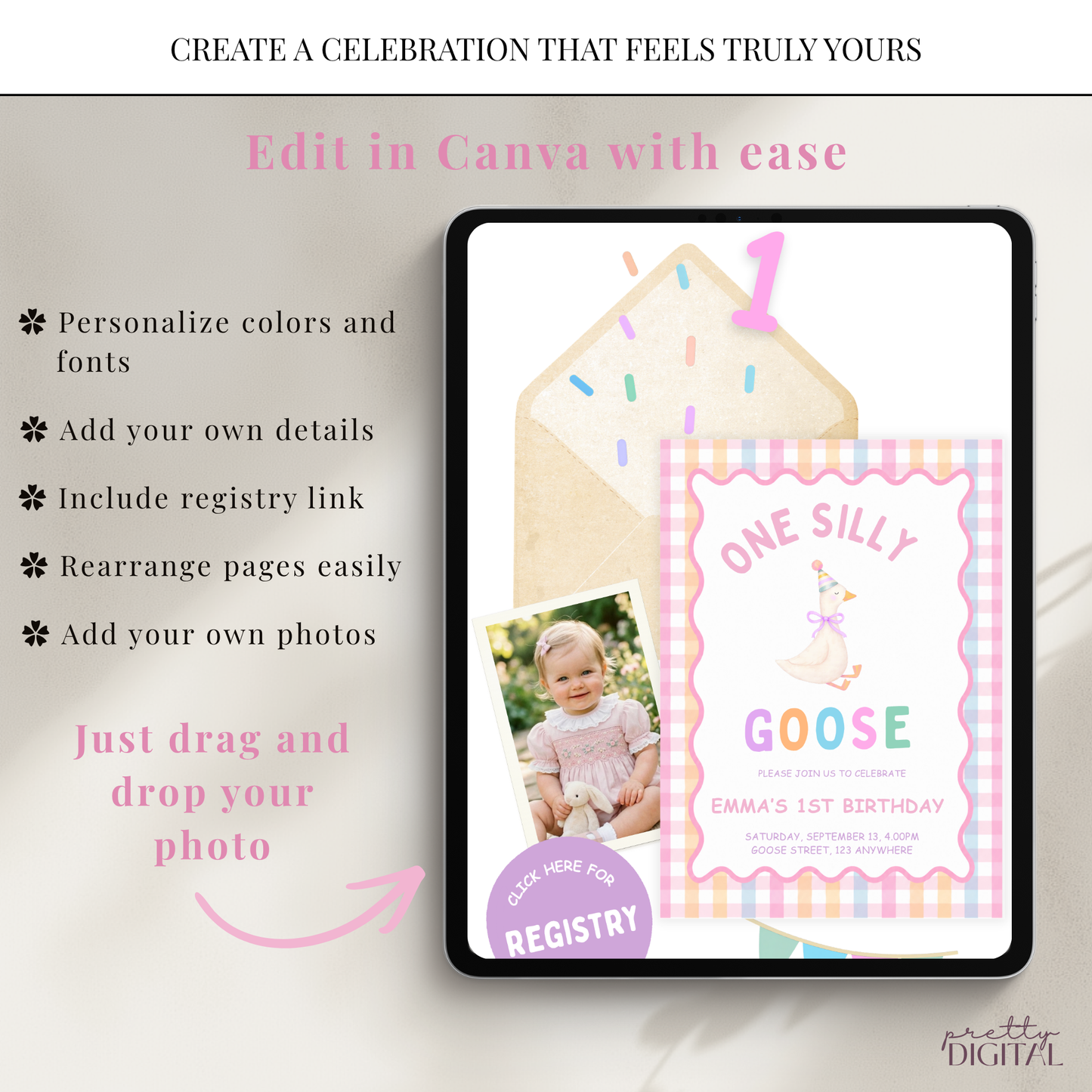 One Silly Goose First Birthday Invitation - Pink Digital Invite