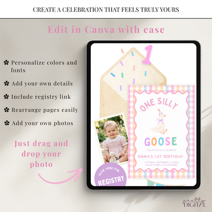 One Silly Goose First Birthday Invitation - Pink Digital Invite