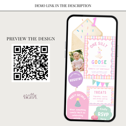 One Silly Goose First Birthday Invitation - Pink Digital Invite