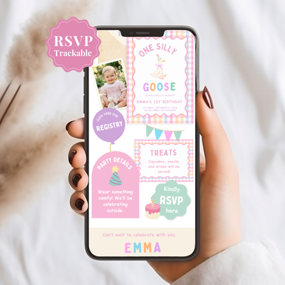 One Silly Goose First Birthday Invitation - Pink Digital Invite