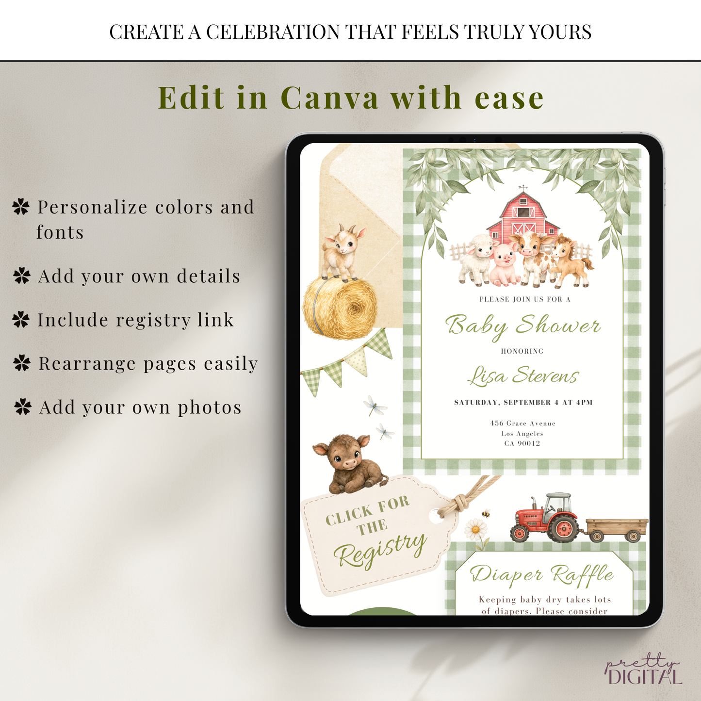 Cute Farm Animals Baby Shower Invitation - Digital Invite