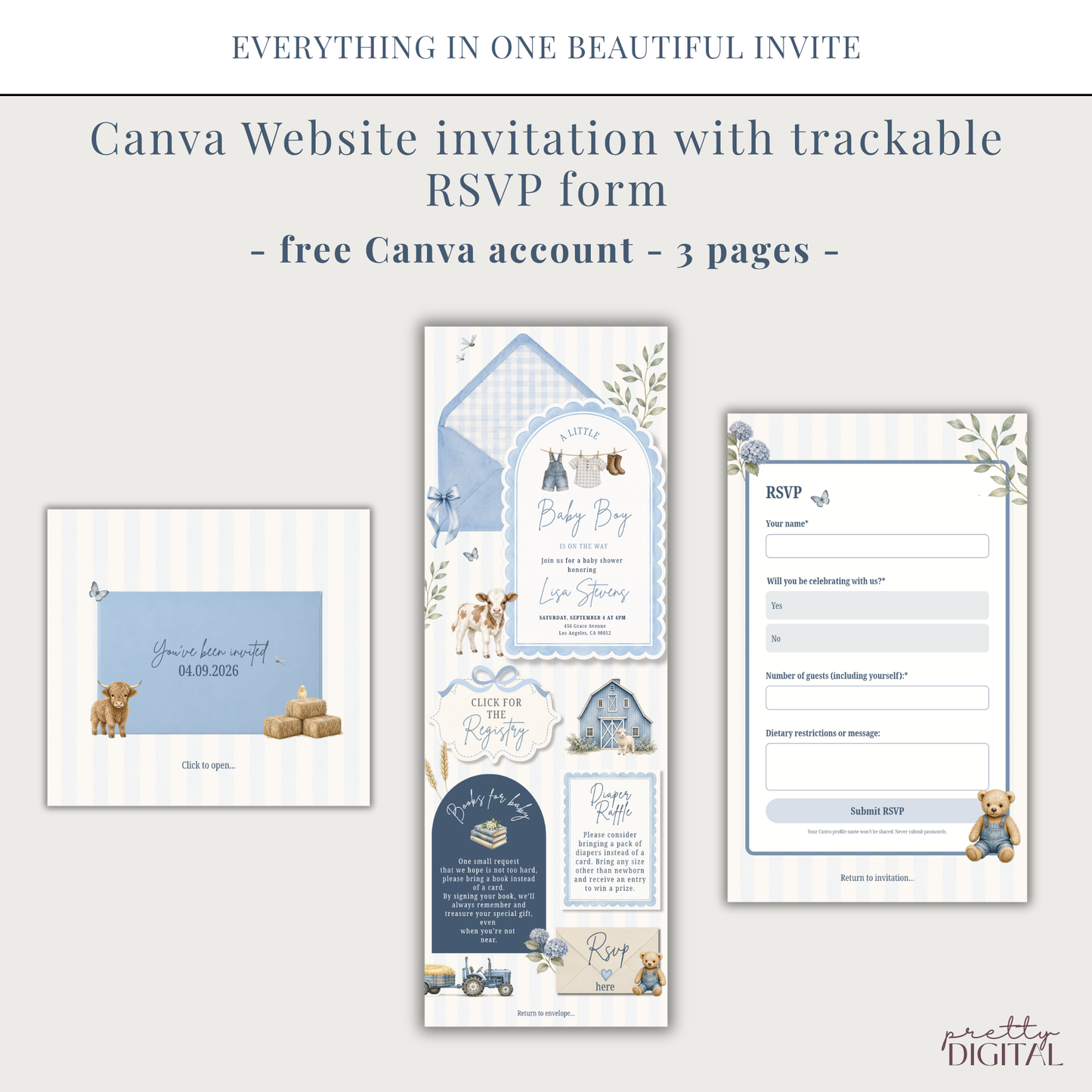 Farm Animals Baby Shower Invitation - Blue Digital Invite