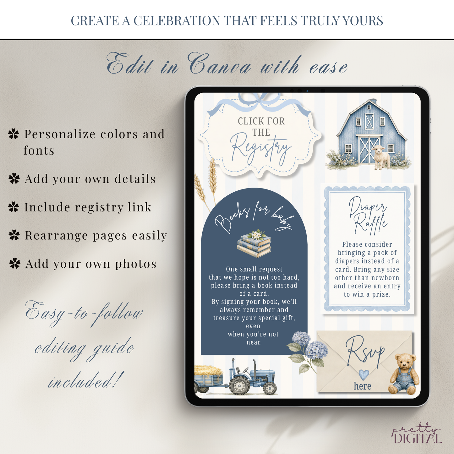 Farm Animals Baby Shower Invitation - Blue Digital Invite