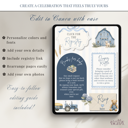 Farm Animals Baby Shower Invitation - Blue Digital Invite