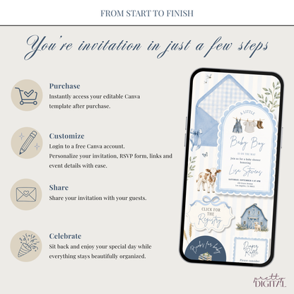 Farm Animals Baby Shower Invitation - Blue Digital Invite