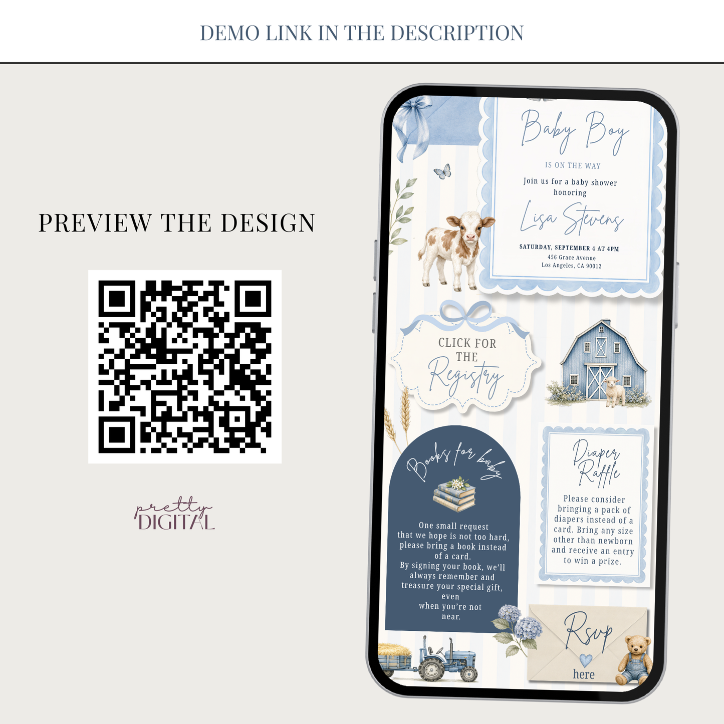 Farm Animals Baby Shower Invitation - Blue Digital Invite