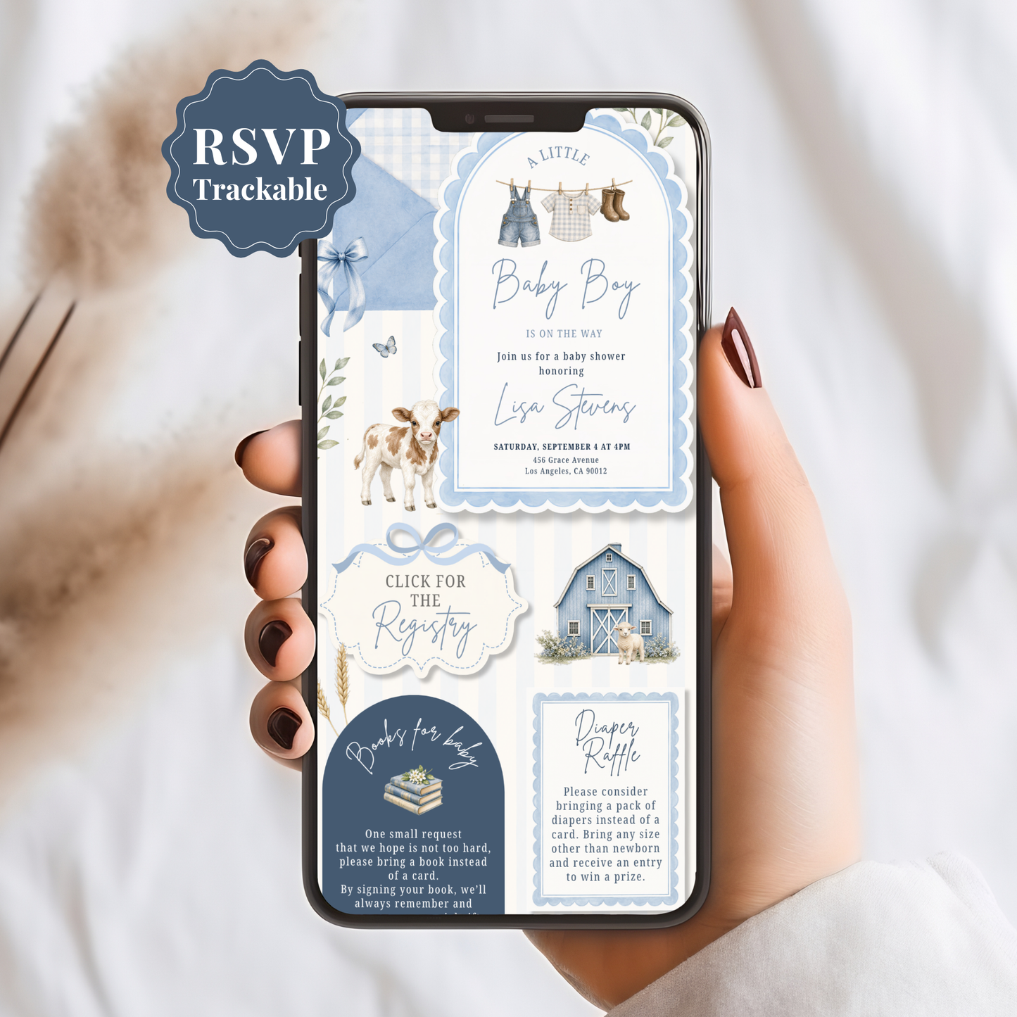 Farm Animals Baby Shower Invitation - Blue Digital Invite