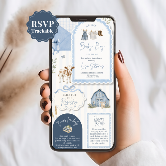 Farm Animals Baby Shower Invitation - Blue Digital Invite