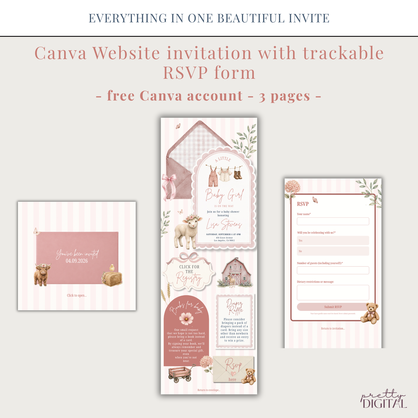 Farm Animals Baby Shower Invitation - Pink Digital Invite