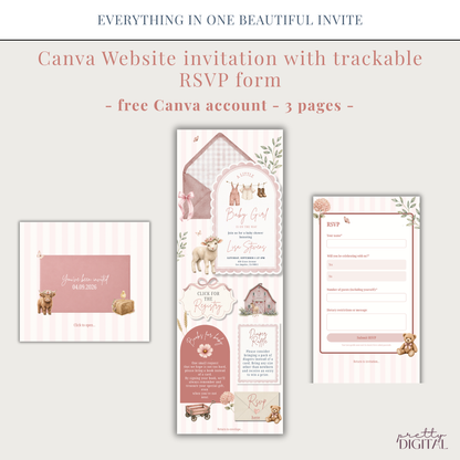 Farm Animals Baby Shower Invitation - Pink Digital Invite