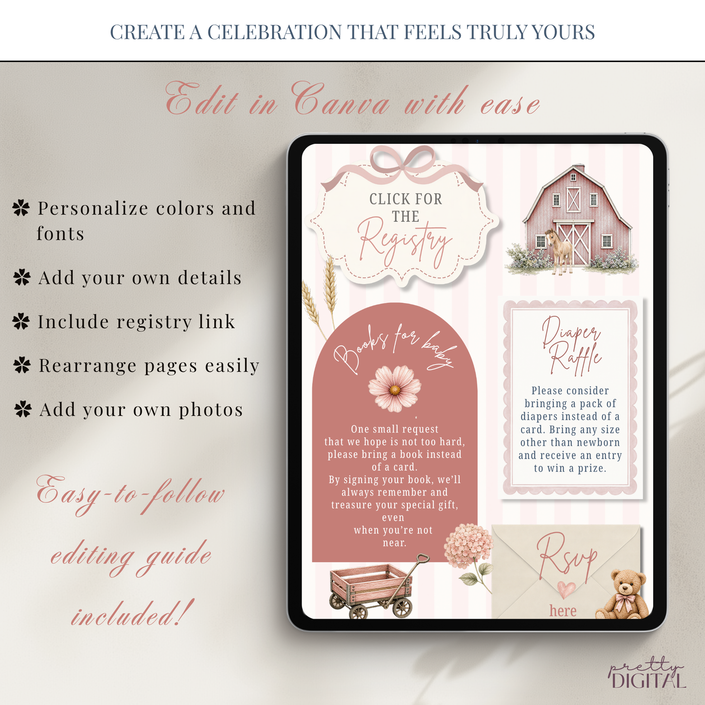 Farm Animals Baby Shower Invitation - Pink Digital Invite