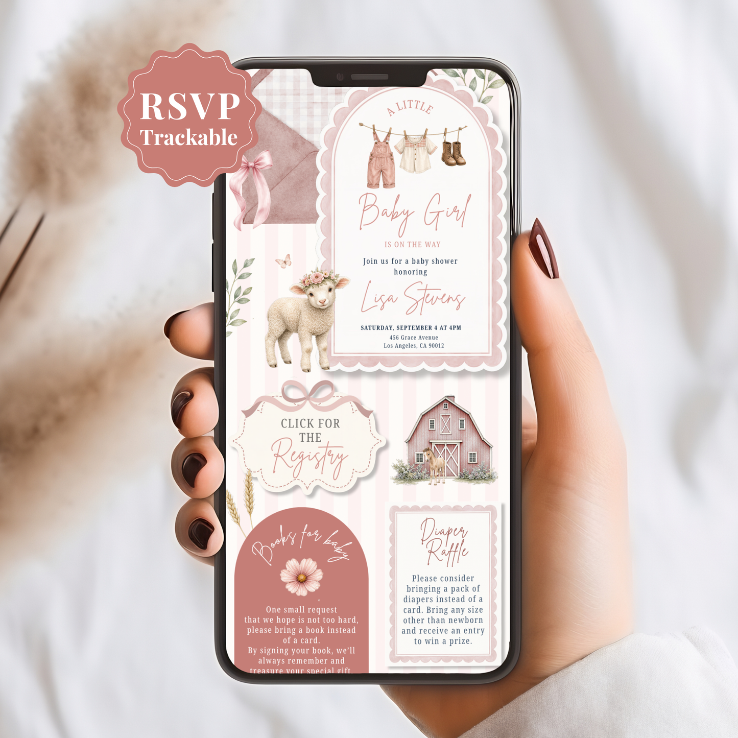 Farm Animals Baby Shower Invitation - Pink Digital Invite