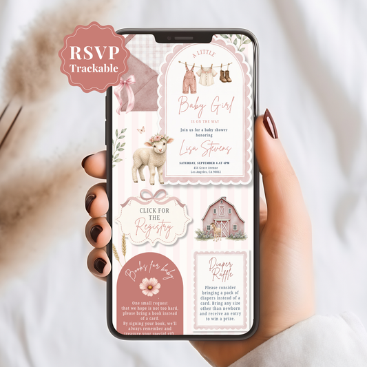 Farm Animals Baby Shower Invitation - Pink Digital Invite