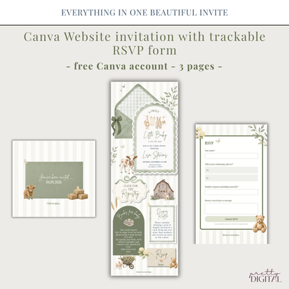 Farm Animals Baby Shower Invitation - Sage Green Digital Invite