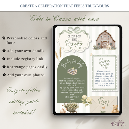 Farm Animals Baby Shower Invitation - Sage Green Digital Invite